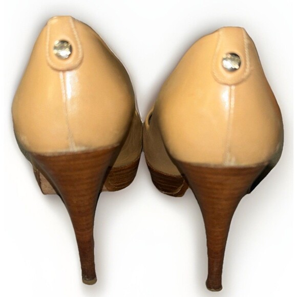 Stuart Weitzman Peep Toe Leather Platform Pumps Heels Tan Wood Size 8 - Picture 5 of 10